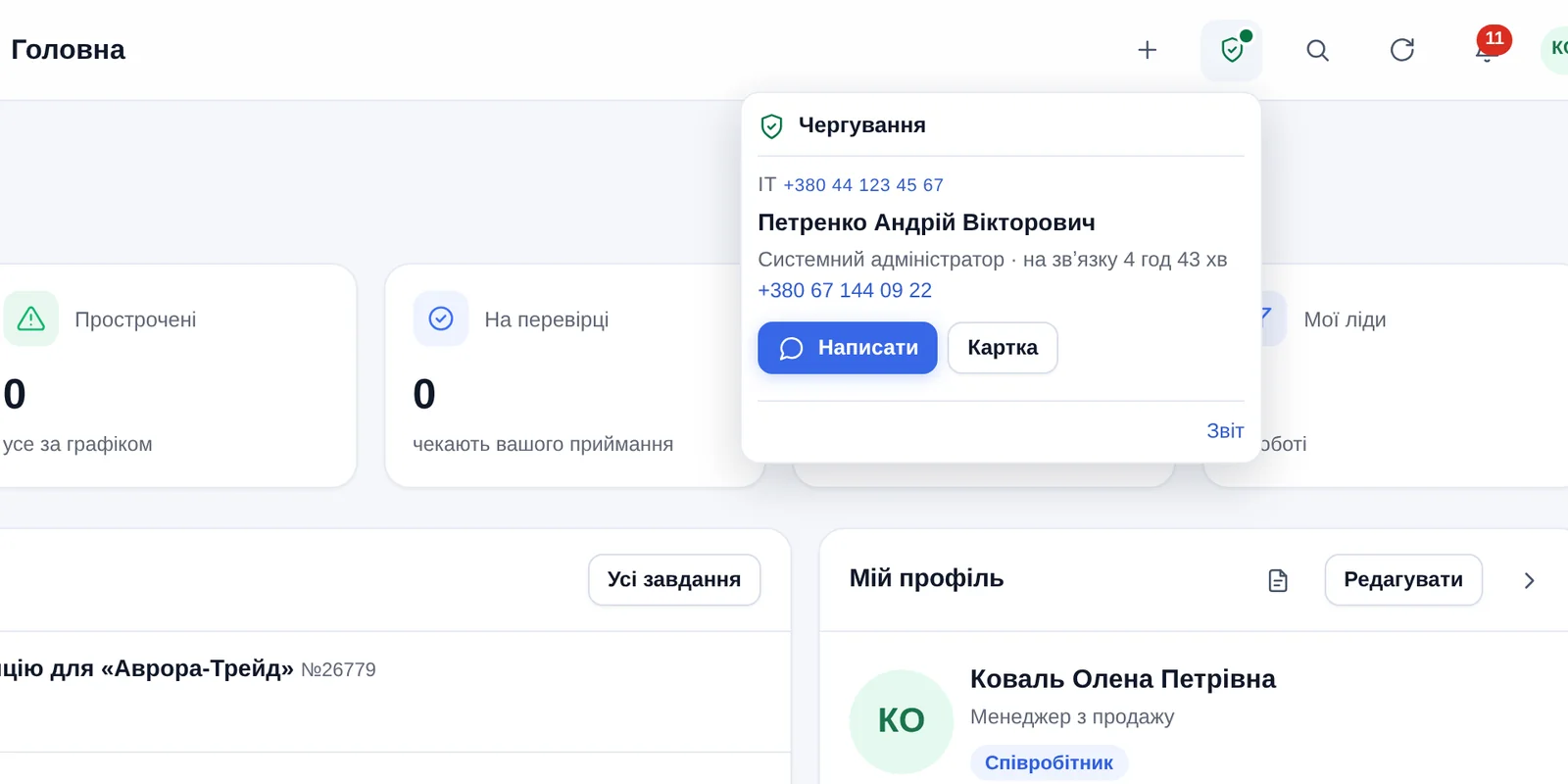 Картка чергового у верхній смужці порталу: служба ІТ, телефон служби, імʼя чергового, його посада, скільки вже на звʼязку, його телефон і кнопки «Написати» та «Картка»