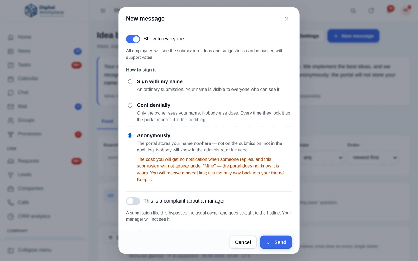 Submission form: three signing modes — by name, confidential and anonymous; under the anonymous option, a separate note lists what the author gives up