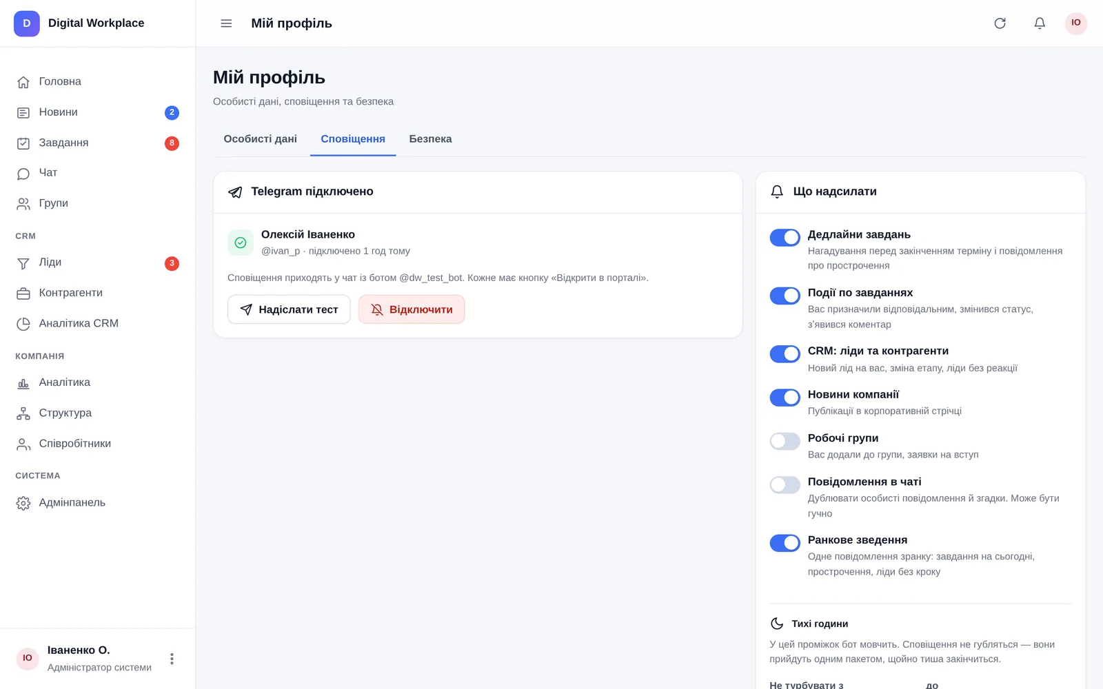 Вкладка «Сповіщення» в профілі: підключений Telegram і перемикачі типів сповіщень із тихими годинами